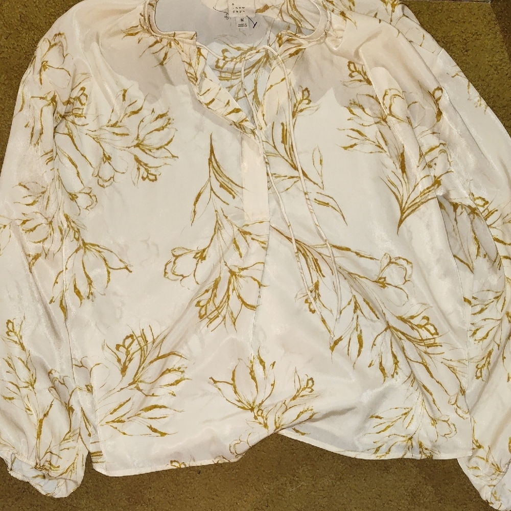 A New Day Cream Blouse with Long Puff Sleeves and Dress Shirt Collar